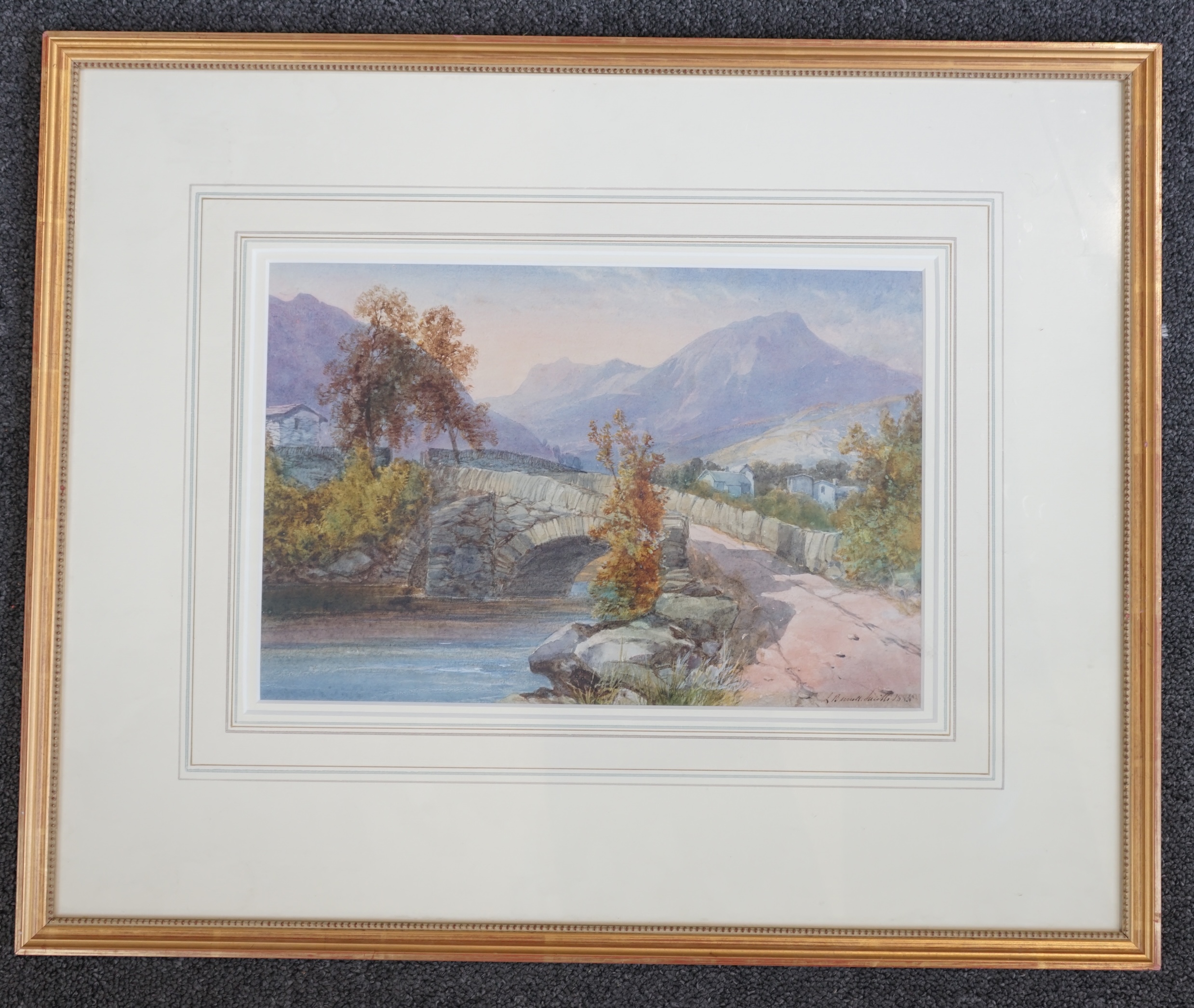 James Burrell Smith (British, 1822-1897), watercolour, 'Old stone bridge, Lake District', signed and dated 1885, 21 x 32cm. Condition - good